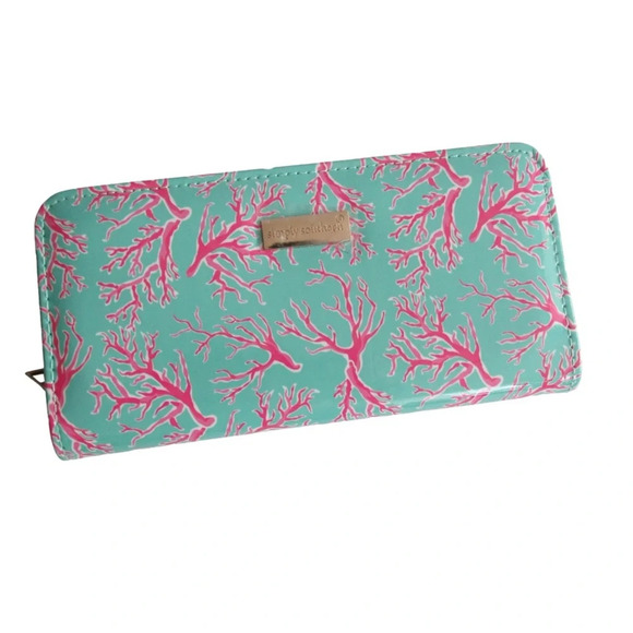 Simply Southern Turquoise Wallet Coral Reed Hot Pink Print Zip Around Large - Picture 1 of 9